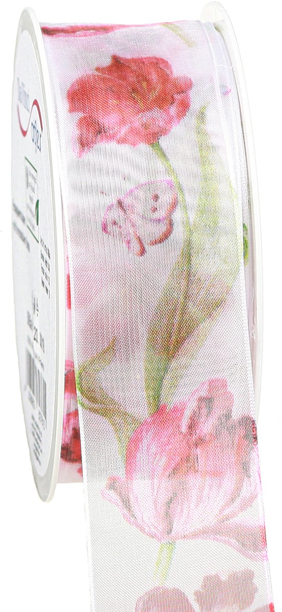 Organzalint chiffonlint papegaai tulpen rood 40mm 18m