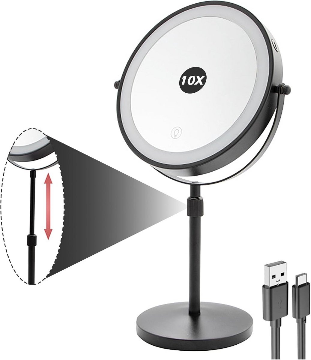 Verlichte Make-up Spiegel met 10x Vergroting en 3 Kleurstanden - USB Oplaadbaar