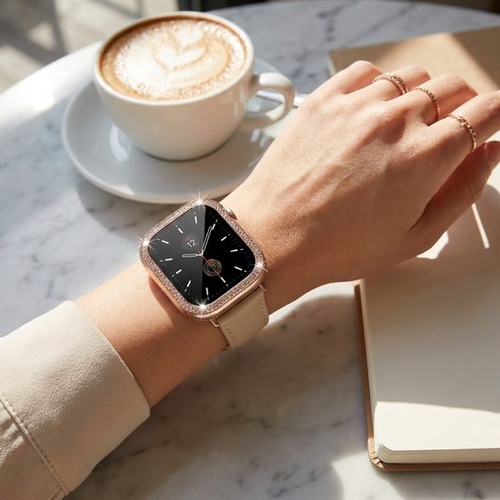 5 stuks Zwart transparant zilverkleurig roze en rosé goudkleurig smartwatch screenprotector met beschermhoes set geschikt voor Apple Watch 38 mm serie 1 / 2 / 3 PC case met dubbele rij strass steentjes