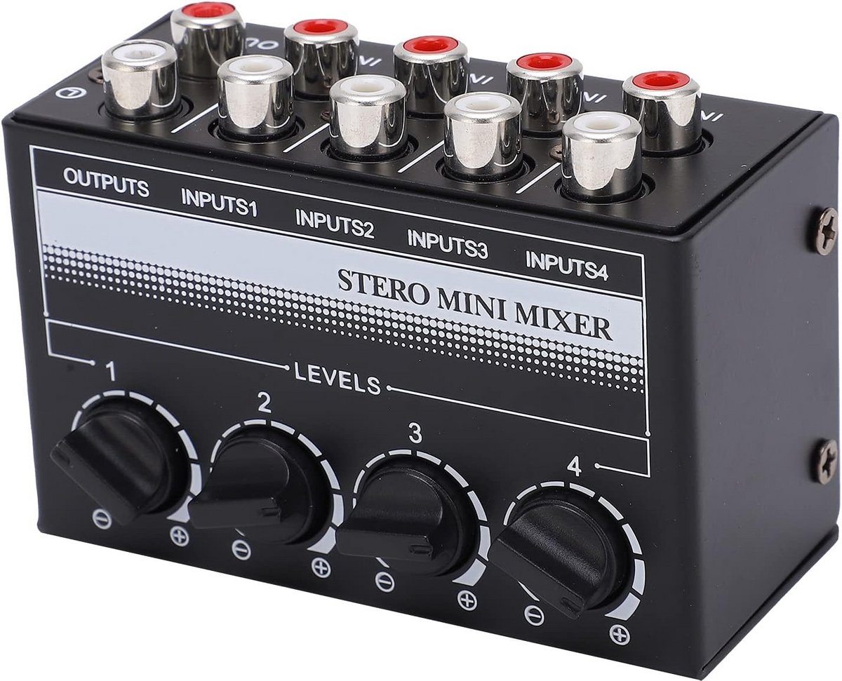 Stereo Minmixer met 4 RCA Ingangen en Volume Regelaars - Metalen Behuizing