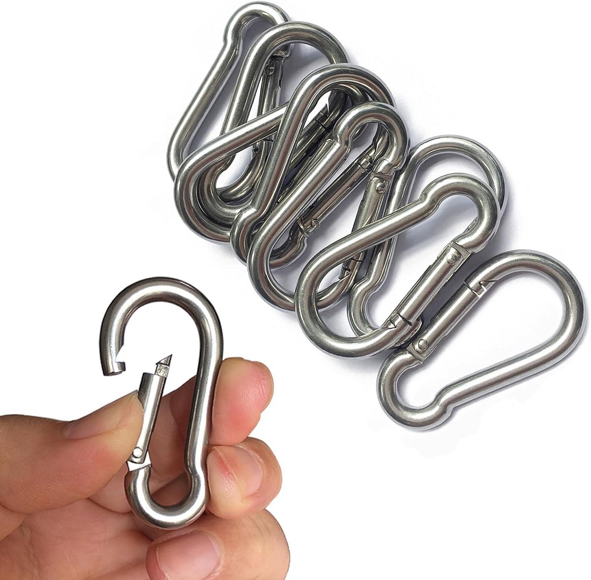 8x Kleine Karabijnhaak RVS 304 - 5cm Sleutelhanger Clip - 90kg Draagkracht voor Buiten en Camping