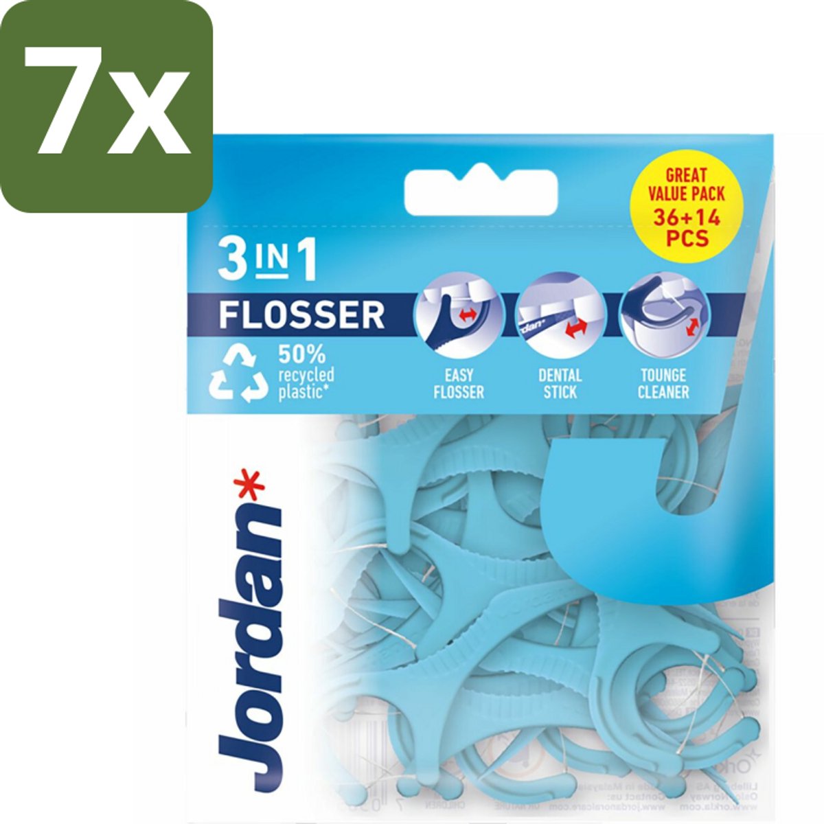 7 x Jordan Flosser 3-in-1 50 stuks per verpakking - 3-in-1 Flosser - Mondhygiëne - Flosdraad - Tandenstoker - Tongschraper