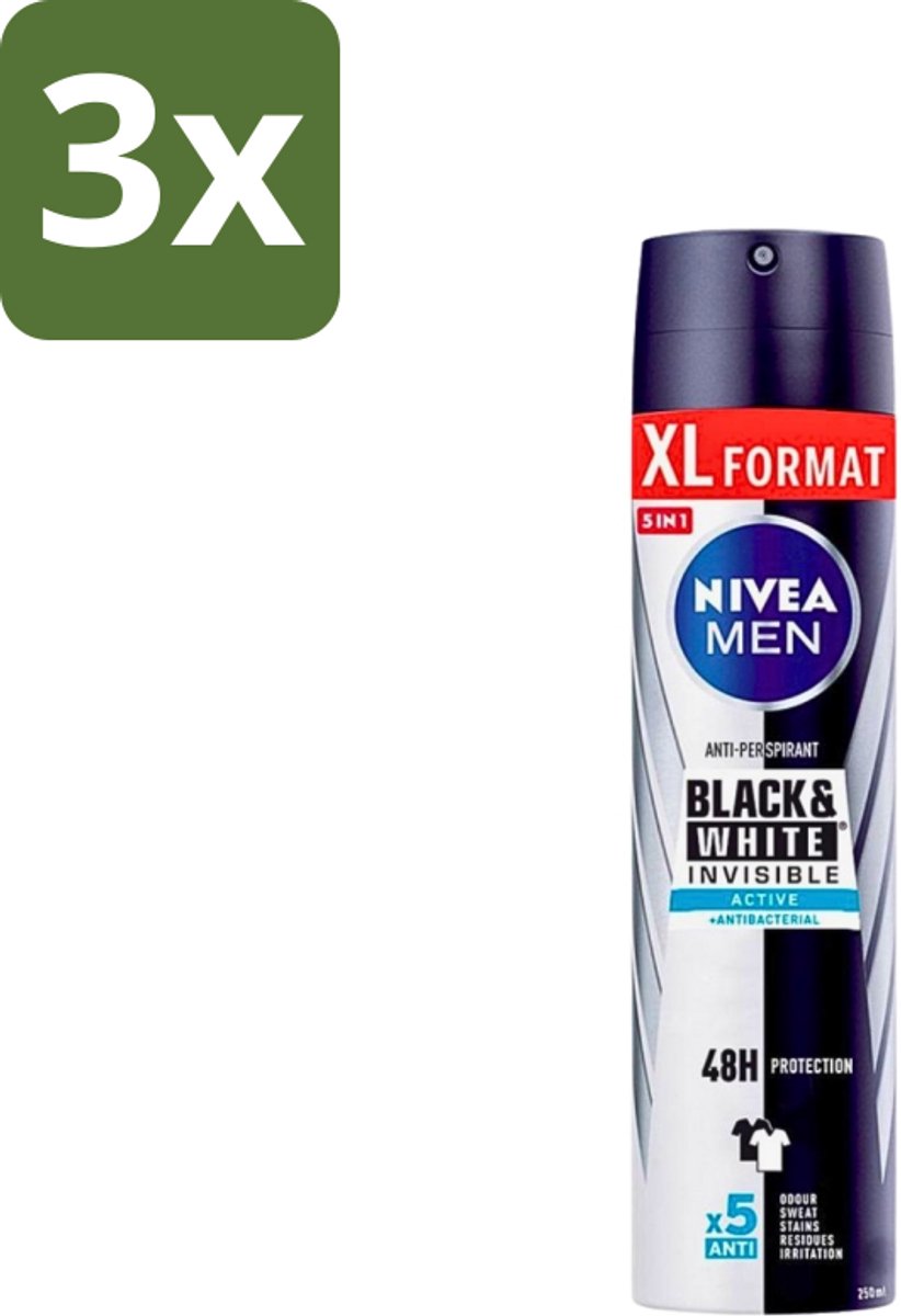 Nivea - Deospray - Men - Invisible Black & White Active - 250 ml - Bulkverpakking - 3 stuks