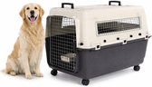 Reisbench hond – Autobench – Transportbox hond – Fomad Donkergrijs XL (60x90x68,5 cm) – Kunststof – Met metalen deur & veiligheidsslot – Inclusief eet- en drinkpot & wielen – Flamingo