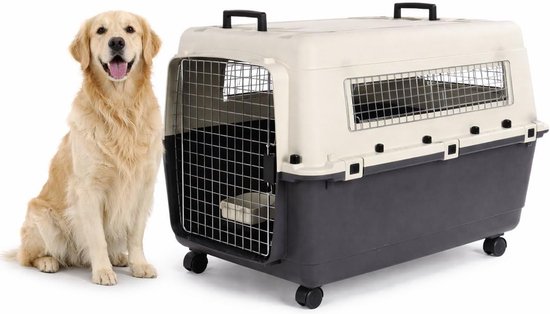 Zitruimtebench met een grijze en witte kunststof behuizing en een metalen hekdeur, met een Golden Retriever ernaast.