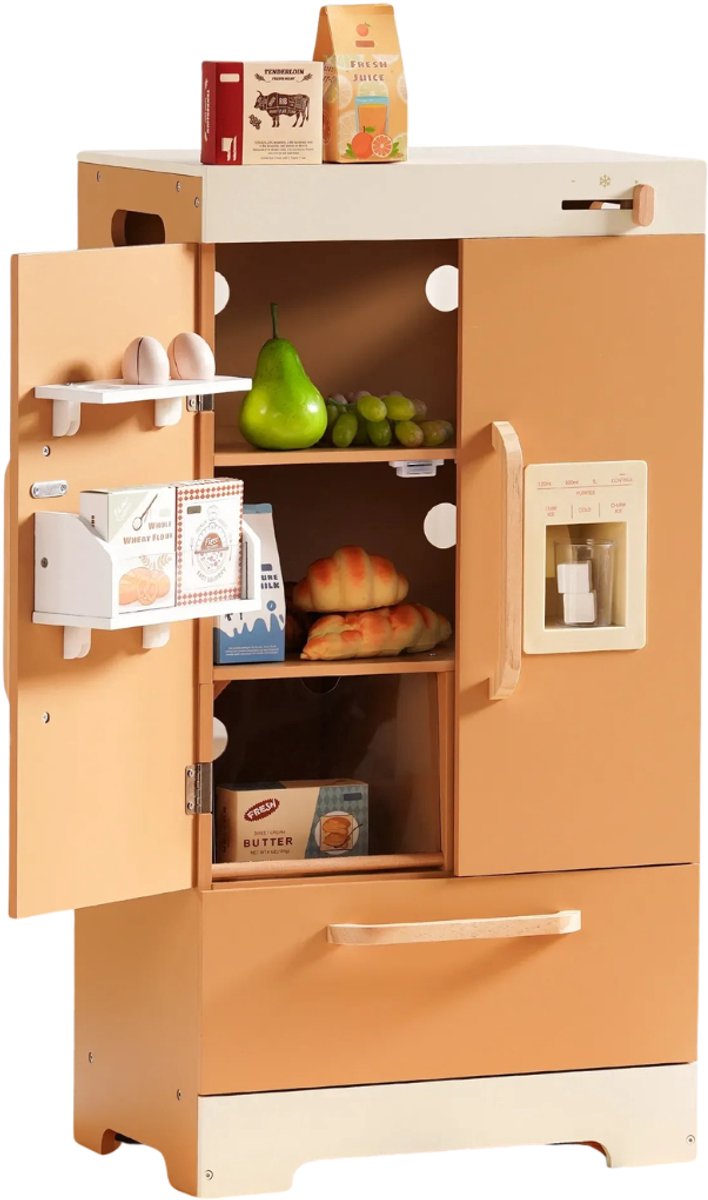 HHHK - Houten Kinder Koelkast - Karamel kleur - 46x29x86 cm - Speelgoed Koelkast - Kinderspeelgoed - Houten Speelgoed Keuken