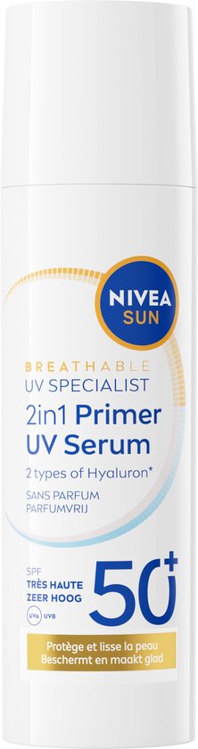 Witte fles NIVEA SUN 2-in-1 Primer UV Specialist met SPF 50+ en 2 soorten Hyaluron.