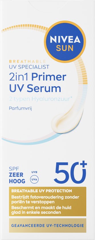 Een doosje NIVEA SUN BREATHABLE UV SPECIALIST 2in1 Primer UV Serum met SPF 50+, "BREATHABLE UV PROTECTION" en "GEAVANCEERDE UV-TECHNOLOGIE".