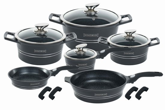 Royalty Line pannenset in het zwart met glazen deksels en een marmeren anti-aanbaklaag. Inclusief steelpan, kookpannen, koekenpannen en losse handvatten.