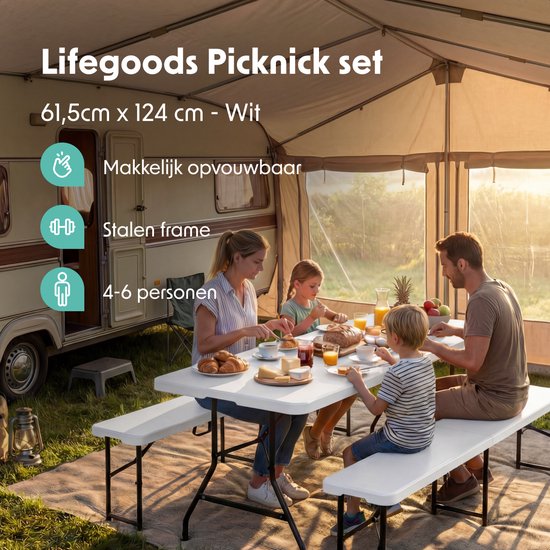 LifeGoods Inklapbare Picknickset - 124cm x 61,5cm - Tuintafel met 2 Banken - Weerbestendig - Campingtafel - Biertafel Opklapbaar - Voor Binnen en Buiten - Voor 4 tot 6 Personen - Wit van Merkloos — afbeelding 2