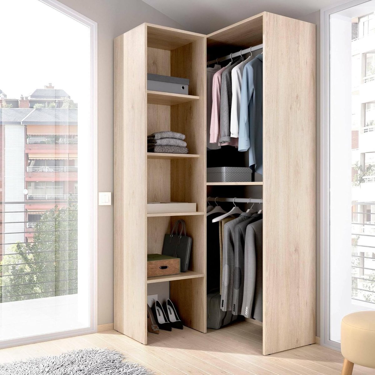 Hoekkledingkast 79,4 x 88,4 x 185,5 cm – Open Inloopkast met Planken en Kledingstangen – Eiken – Bernina Luxe Serie – Abkantoor