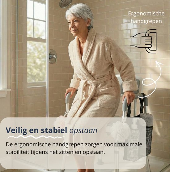 BY JRM® Douchestoel - Douchekruk - Incl. badset, douche puff en douchekophouder - Met Armleuning - Hoogte Verstelbaar - Antislip - Grijs