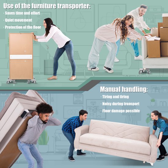 Mensen verplaatsen een kast en dozen met meubelrollers. Handmatig verplaatsen van bank en matras is zwaar.