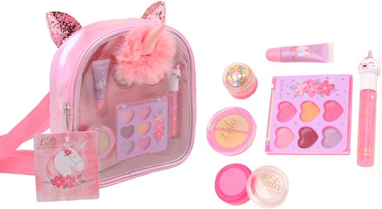 Roze eenhoorn rugzak met glitteroren, gevuld met kinder make-up waaronder een oogschaduwpalet, lipgloss en losse potjes.