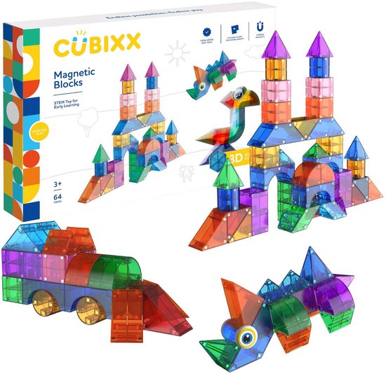 Transparante magnetische bouwblokken in regenboogkleuren, waaronder kastelen, een draak en een trein. STEM speelgoed voor vroege educatie, 64 stukjes.