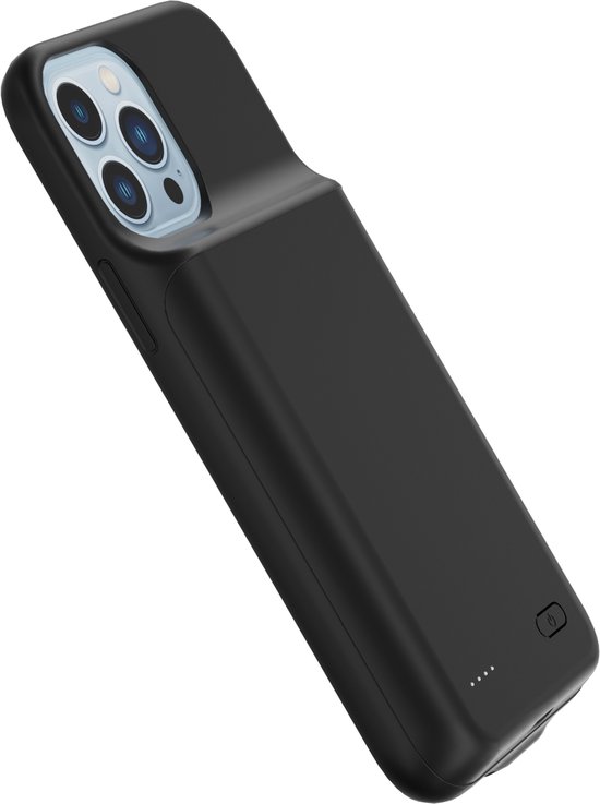 Coque de téléphone noire Distinction avec batterie, vue de trois quarts avant, avec découpe pour appareil photo.