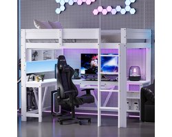 MODFU Hoogslaper 90x200 cm van MDF en grenenhout – wit – met bureau en LED-verlichting – voor thuisstudie