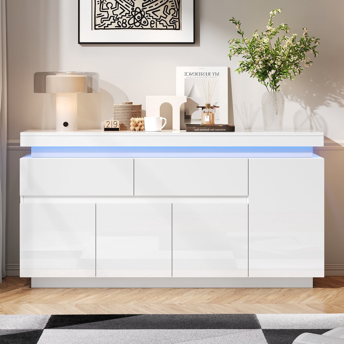 MODFU Opbergkast 140x35x72,5 cm van spaanplaat, met 4 deuren, 2 laden en LED, wit