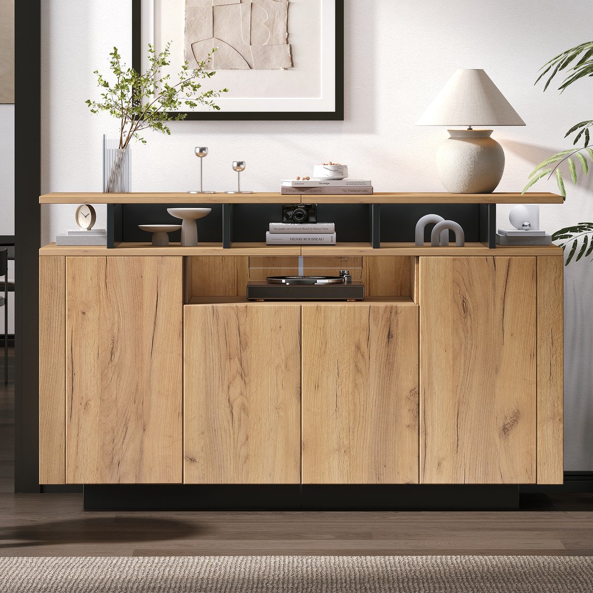 MODFU Opbergkast 140x40x85 cm van spaanplaat, met 4 deuren en open vakken, naturel/zwart