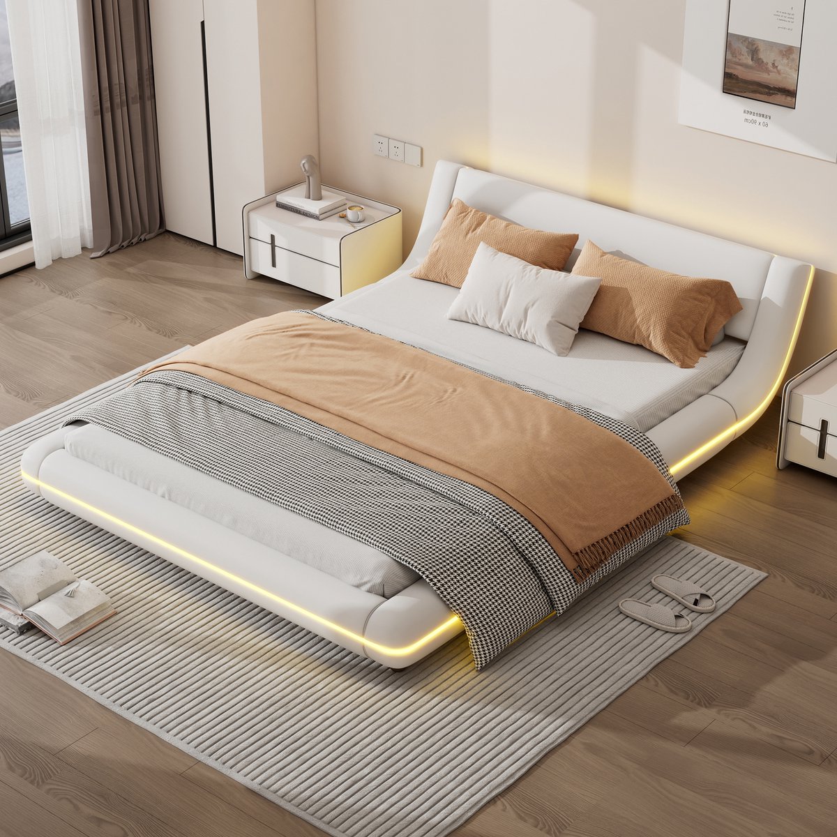 MODFU Bedframe 140x200 cm van PU en MDF – met LED-sfeerverlichting – wit – laag vloerbed design