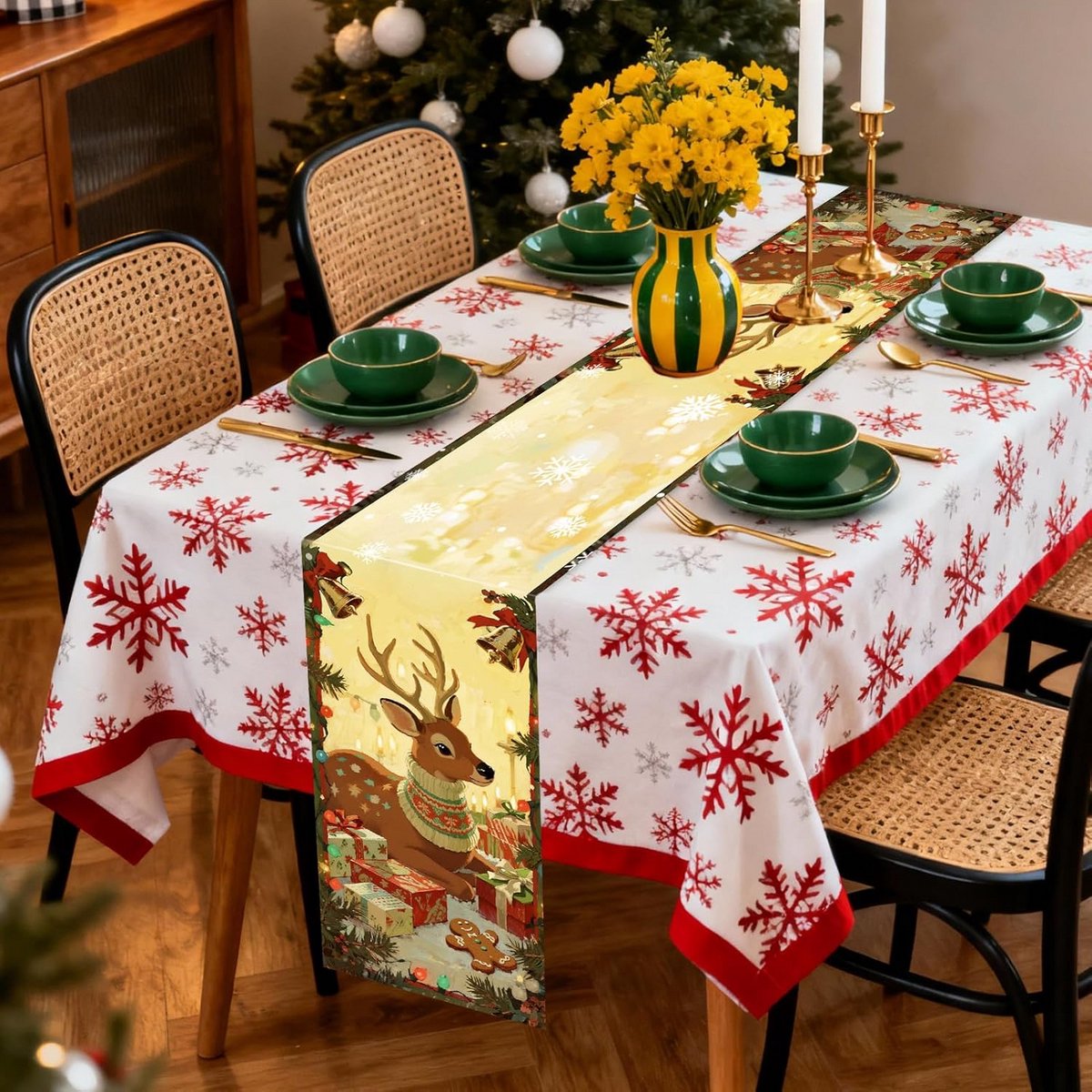 Feestelijke Kerst Tafelloper met Elanden in Rood en Wit - 35x180 CM