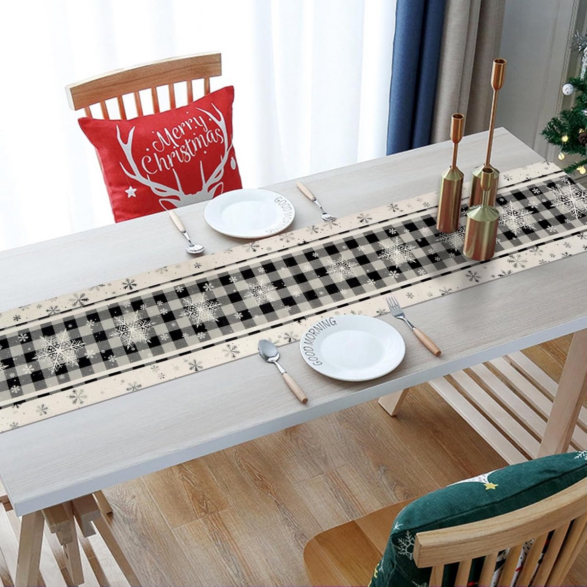 Kerst Tafelloper Grijs Geruit met Sneeuwvlokken voor Winter Eettafel Decoratie