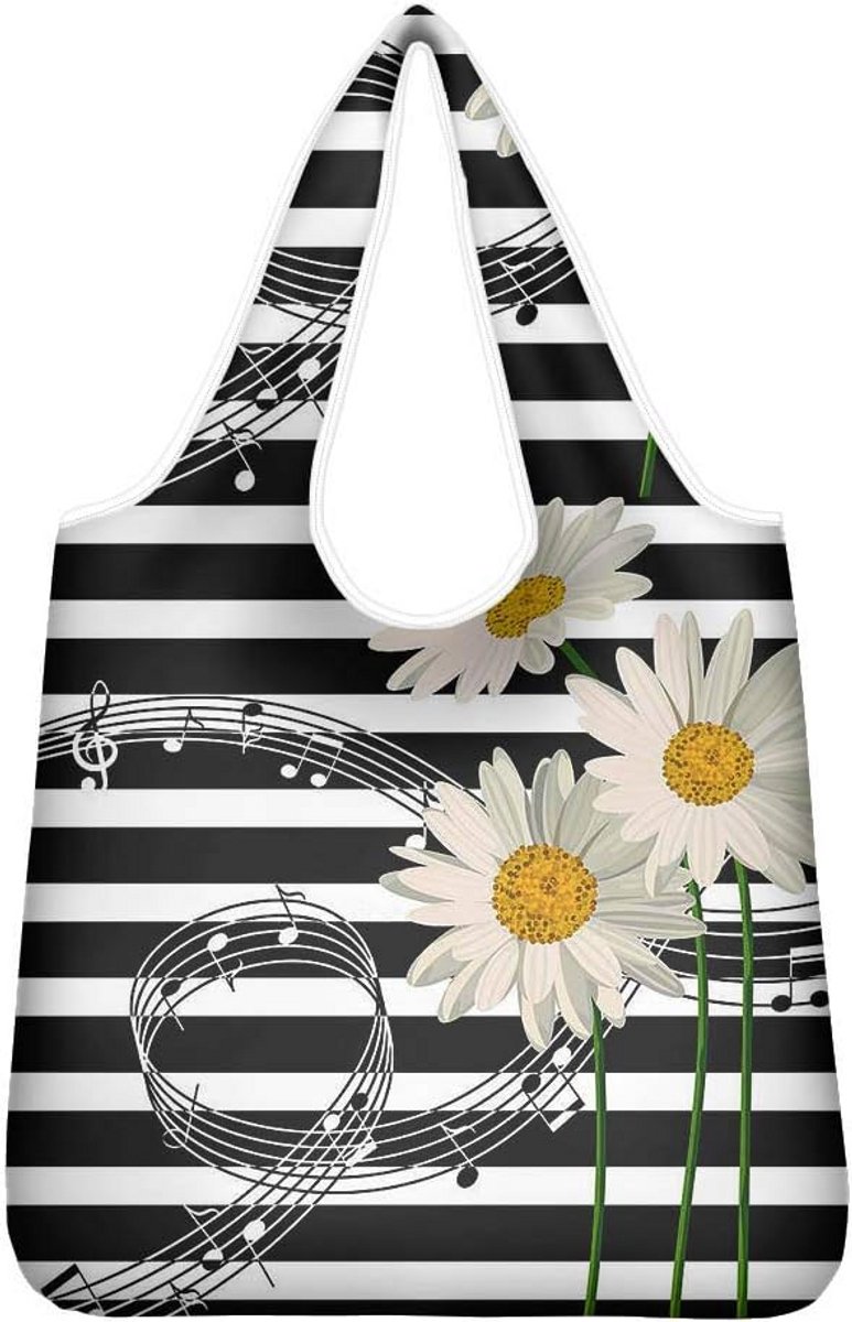 Grote Zwart-Witte Strepen Tote Bag met Bloemenprint Draagtas