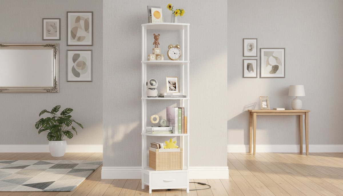 boekenkast Hoek met Lade en LED Verlichting – Casa Velluto Lumina Corner 172 cm – Smalle Hoekplank 5 Niveaus – Moderne Boekenkast met Stoffen Lade – Wit Metaal & Hout – Voor Woonkamer, Slaapkamer en Kantoor