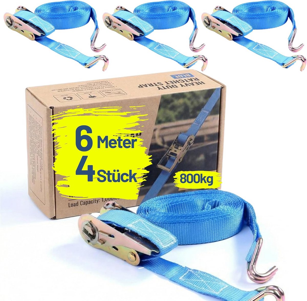 Set van 4 Spanbanden met Haken 6 Meter 800 kg Ratelriemen Blauw