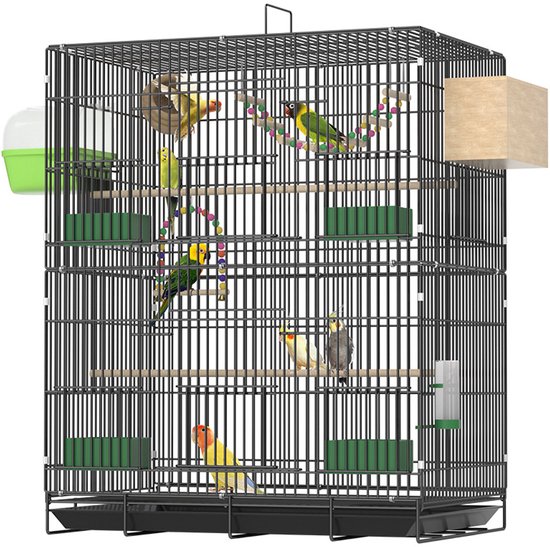 Vogelkooien - Metalen papegaaienkooi - Grote vogelkooi - Dubbellaagse vogelkooi - 51*34*74 cm - vogelkooien voor binnen - vogelkooien op voet - Inclusief 4 voerbakken, 2 waterdispensers en 2 staande palen - Zwart
