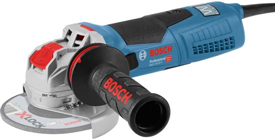 Bosch haakse slijper met blauw/zwarte behuizing, grijze kop en X-LOCK slijpschijf.