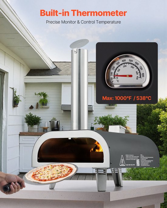VEVOR Outdoor Pizzaoven 12 Inch Pelletpizzaoven met Ingebouwde Thermometer (Max. 540 °C), Pizzaschep en Draagtas, Draagbare Pizzamaker voor Tuin en Camping, Zilverkleurig — afbeelding 3