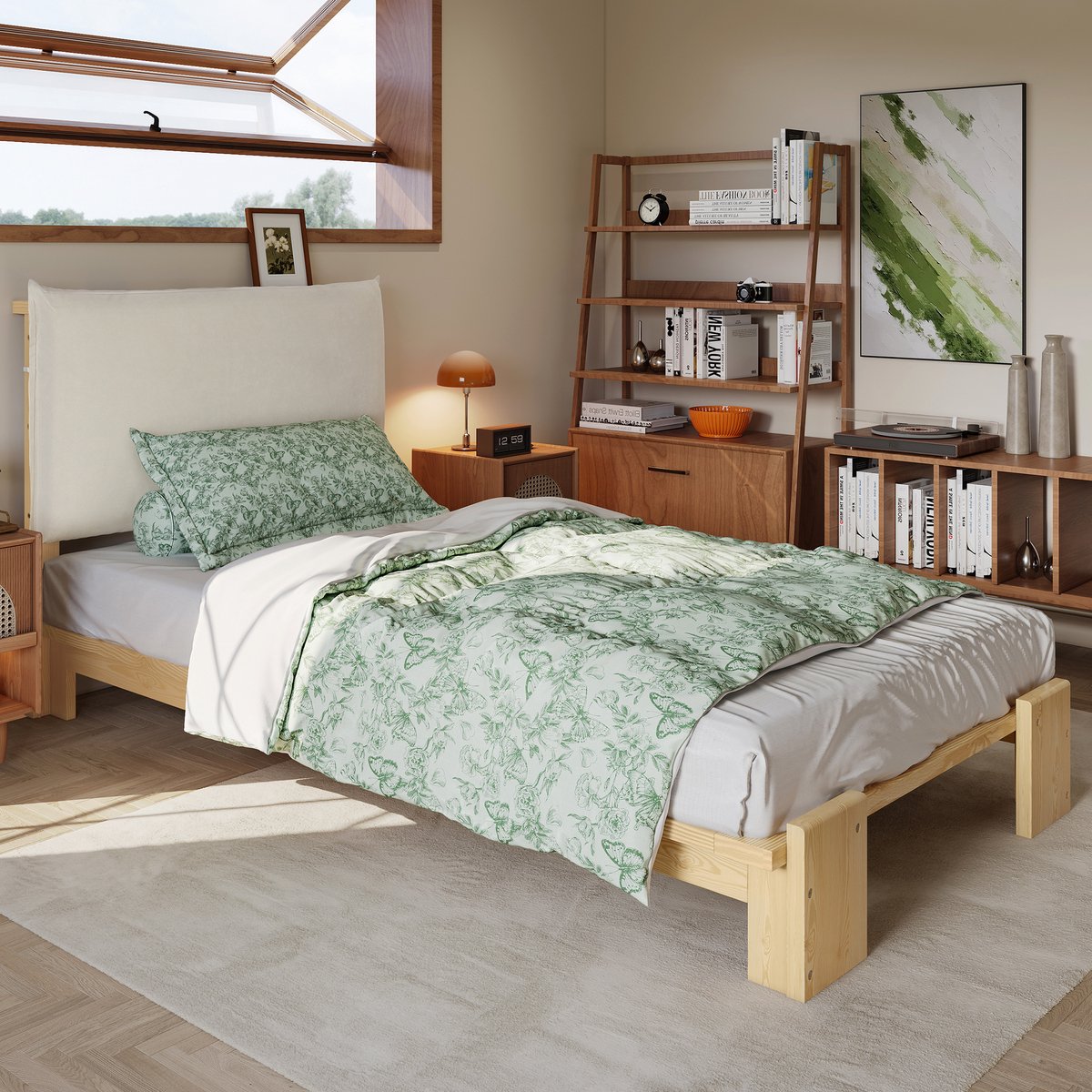 MODFU Bedframe 90x200 cm – Scandinavisch design – Gestoffeerd hoofdbord – Naturel grenenhout Natuurlijk