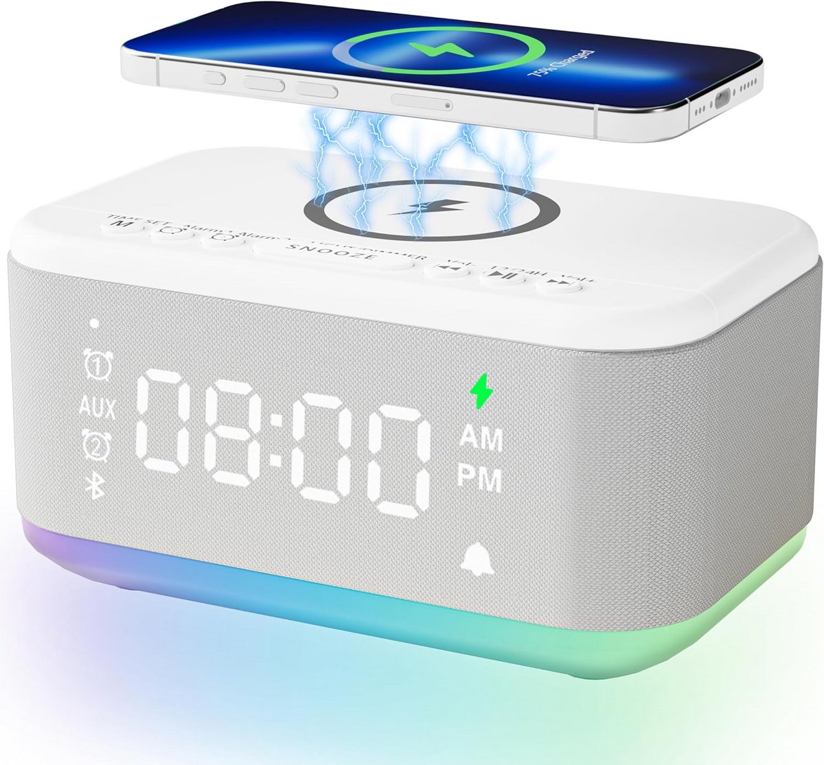 Digitale Wekker met Draadloze Oplader, Bluetooth Speaker en Nachtlamp