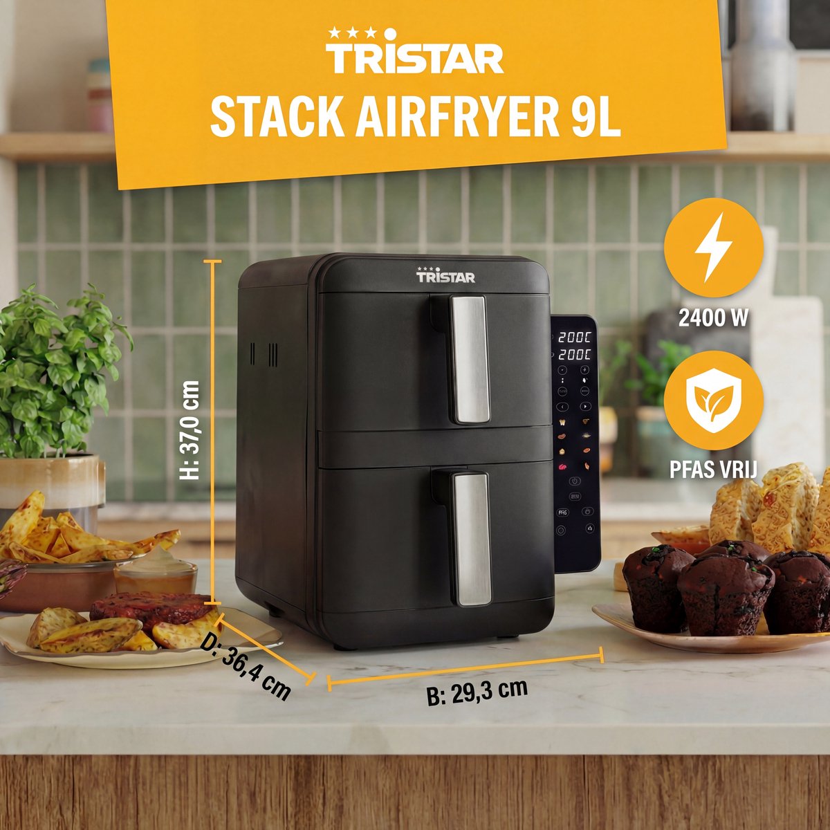 Tristar FR-9074 - Stack airfryer XXL - 9L - 2 onafhankelijke kookzones - Dubbele gestapelde lades - 8 kookprogramma's - 2400W - PFAS-vrij - Bespaart 45% Ruimte - 6 personen — afbeelding 3