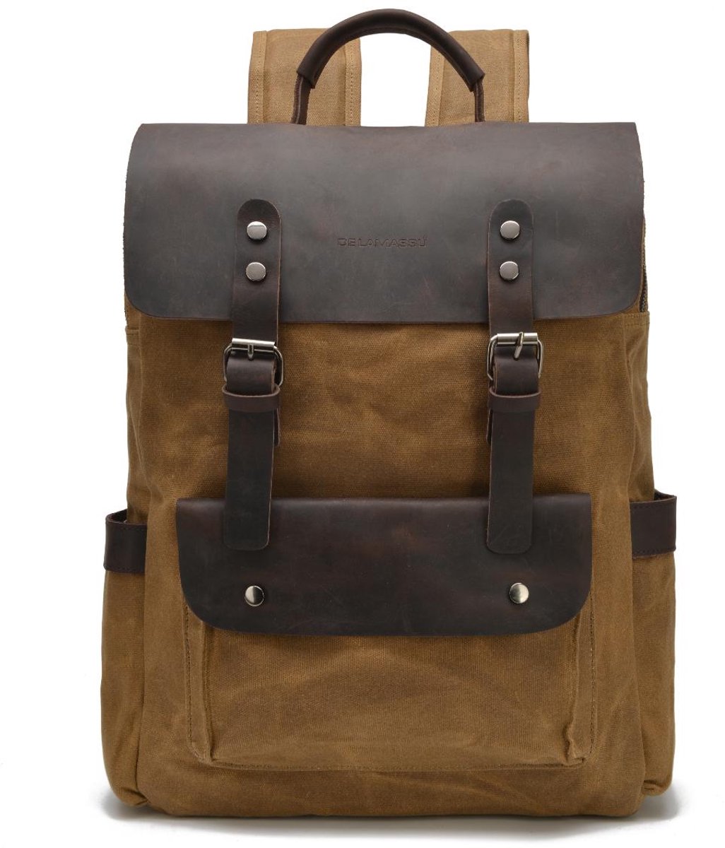 DE LAMASSU® Vintage Canvas Rugzak 15 inch Laptop – Waterafstotend – Echt Leer – 31x11x45 cm – Unisex – Werk & Reizen