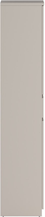 Zijaanzicht van een taupe schoenenkast.