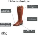 Bruine laars met label 'Mollet large 2XL', 'Cheville large', 'Talon 6cm', 'Double semelle dont une amovible'.