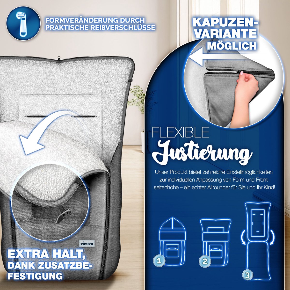 KIDUKU Wintervoetenzak voor kinderwagen buggy - Babyvoetenzak wasbaar | Voetenzak babyschaal met ritssluiting & tas, Jeans grijs., 1 Stück (1er Pack)