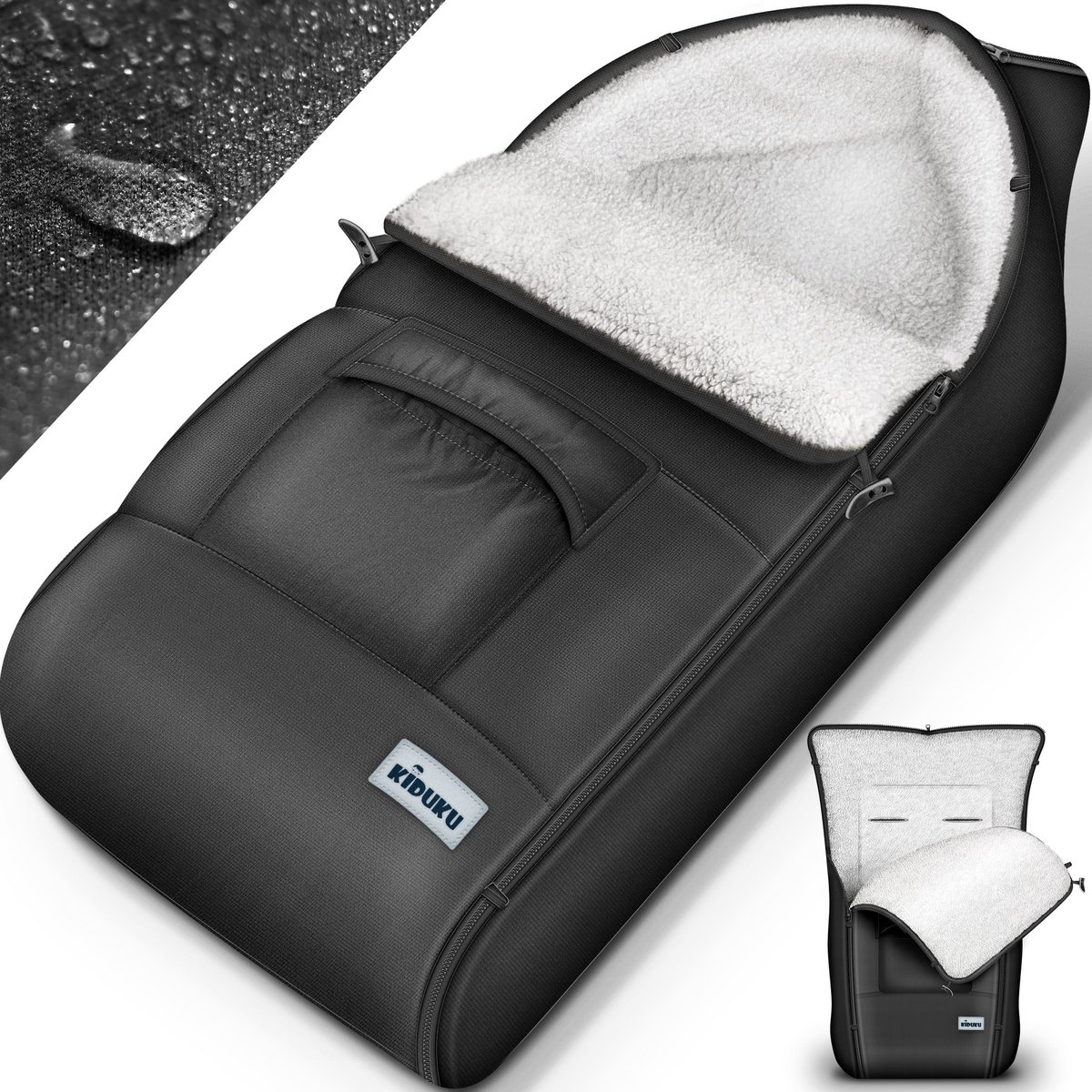KIDUKU Wintervoetenzak voor kinderwagen buggy - Babyvoetenzak wasbaar | Voetenzak babyschaal met ritssluiting & tas, zwart, 95x50x30 cm (1er Pack)