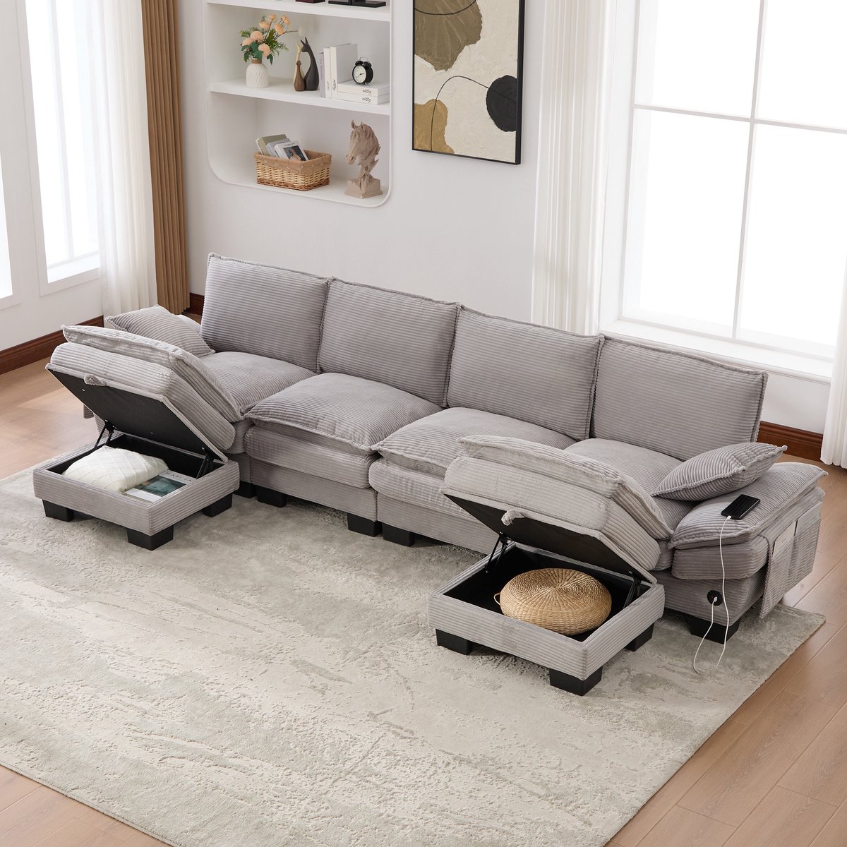 OKWISH Hoekbank 330 X 132 X 84 Cm - Modulaire 4 Zitsbank Met 2 Hockers, Usb C En Zijvakken