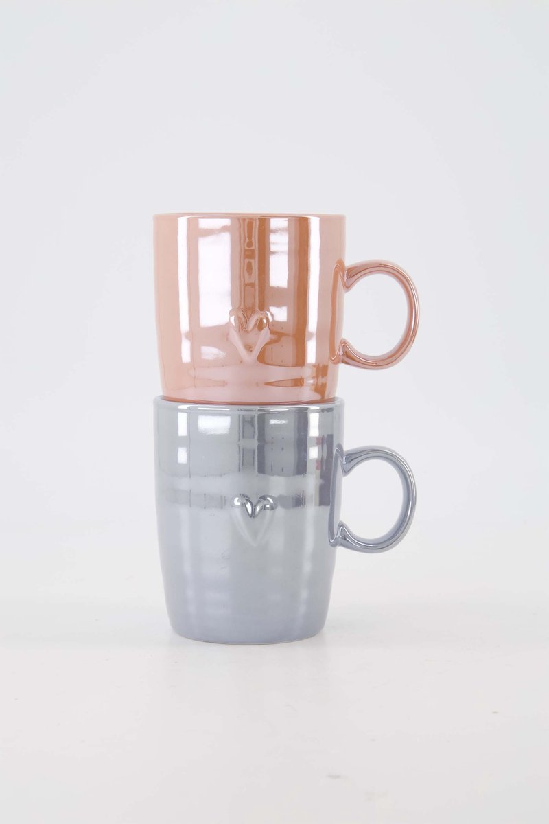 Zusss Cadeauset Theemokken Hartje Parelmoer Grijsblauw En Roze - Verjaardag - Cadeau Dames Keramiek Grijsblauw