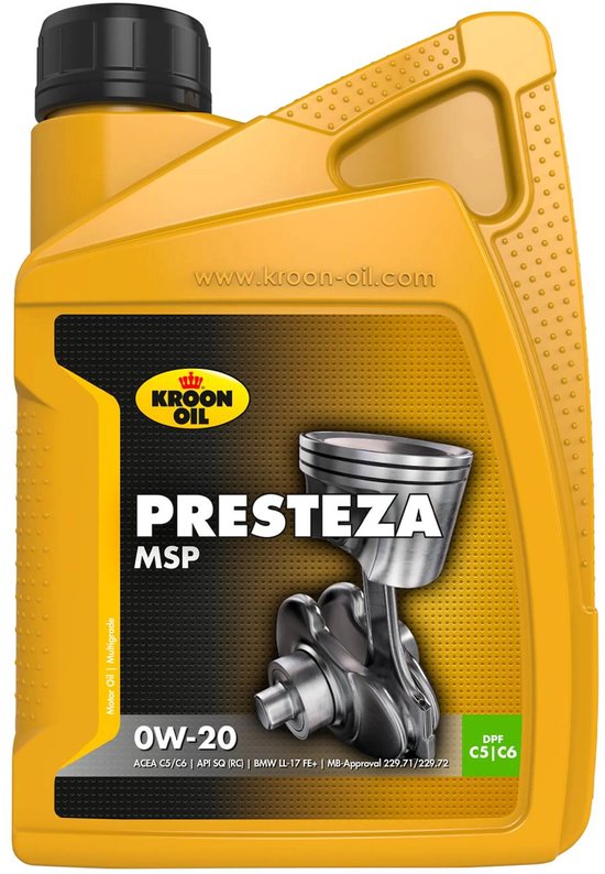 Kroon-Oil Presteza MSP - Synthetische Mid-SAPS Motorolie 0W-20 - 1 Liter - Transparant