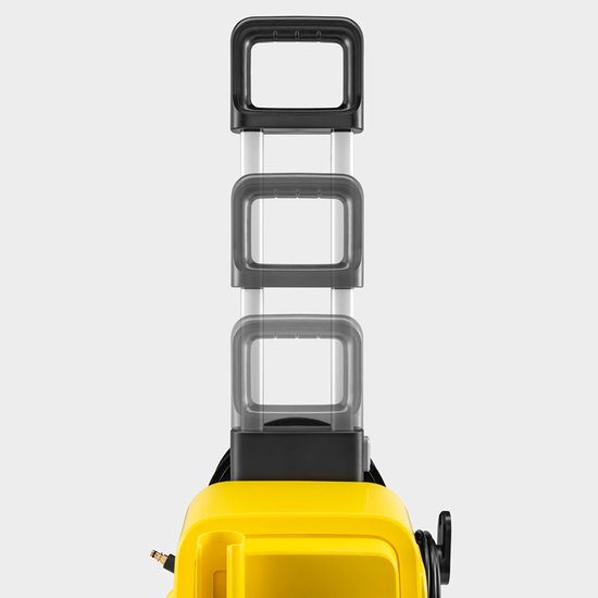 Close-up van de uitschuifbare telescopische handgreep van een Karcher hogedrukreiniger.