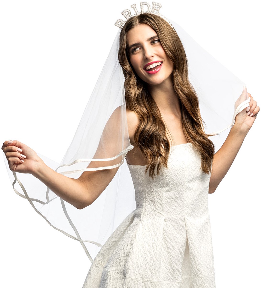 Boland - Diadeem 'Bride' met sluier Wit - - Volwassenen - Vrouwen - Bride-to-Be - Bruiloft