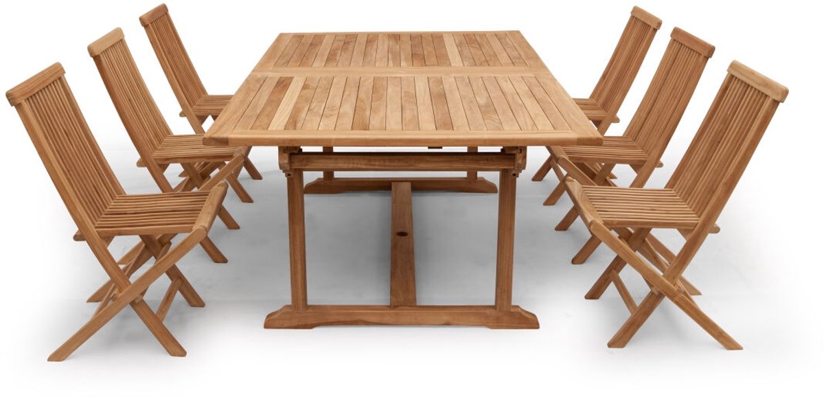 Teak Tuinset Summer | Uitschuifbare tuintafel Rechthoekig | 6 Tenerif Vouwbare Tuinstoelen