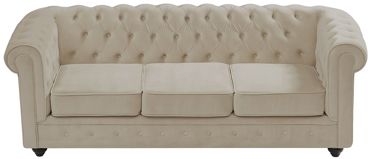 Vente-unique Driezitsbank van beige velours CHESTERFIELD