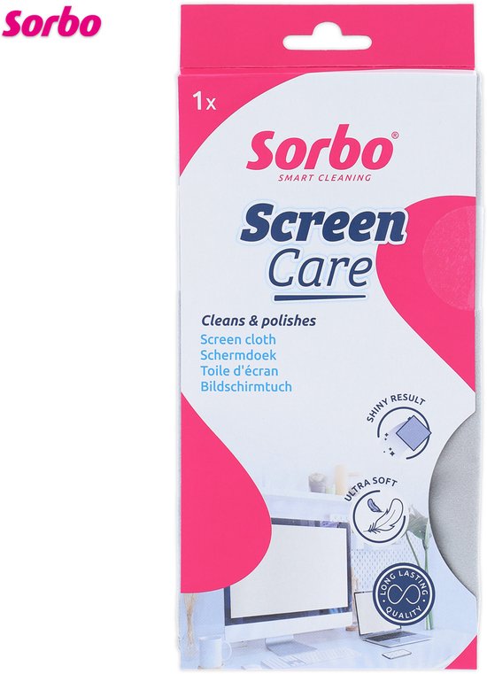 De verpakking van Sorbo Screen Care met "Screen cloth" erop vermeld. Iconen tonen "shiny result", "ultra soft" en "long lasting quality".