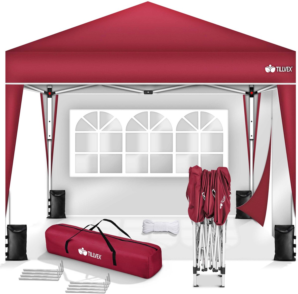 tillvex Paviljoen, 3 x 3 m, waterdicht, pop-upvouwtent, in hoogte verstelbaar, tuintent, uv-bescherming 50+, partytent met tas (rood, met 2 zijpanelen)