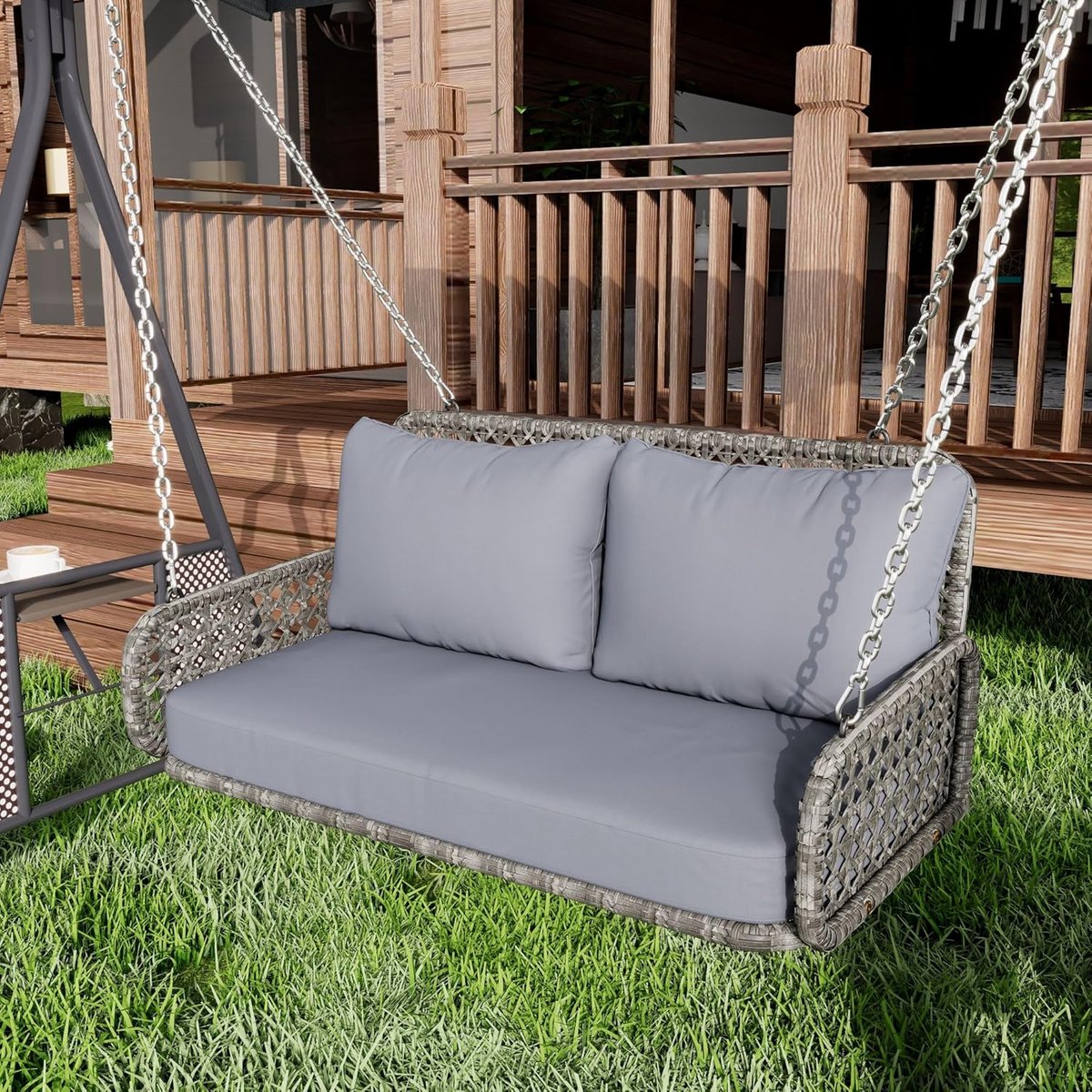 Gevlochten PE-Rotan Hangstoel met Kussen | Outdoor Loungestoel | Incl. 2 Kettingen | 320 kg Draagvermogen